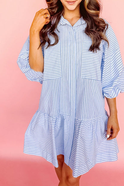 Sky Blue Striped Pocket Ruffle Hem Mini Dress