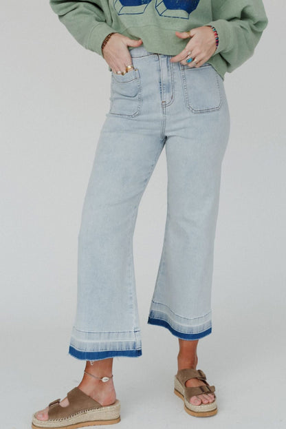 Beau Blue Acid Wash Contrast Edge Pocketed Cropped Jeans