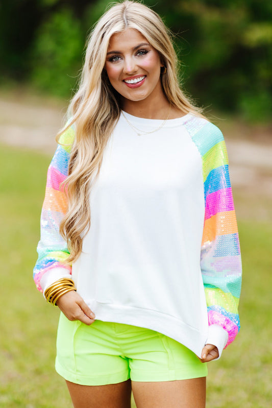 White Sequin Color Block Long Sleeve Pullover Sweatshirt