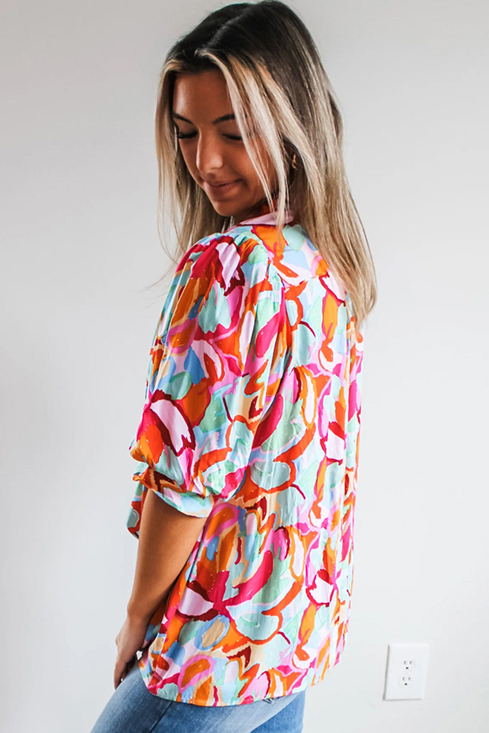 Abstract Print Puff Sleeve Blouse