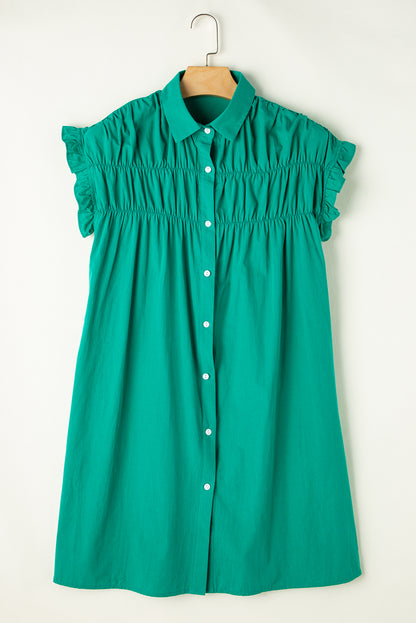 Bright Green Shirred Ruffle Sleeve Button Up Shirt Dress