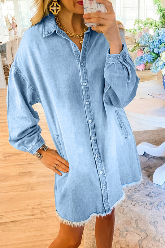 Beau Blue Washed Raw Hem Denim Shirt Dress