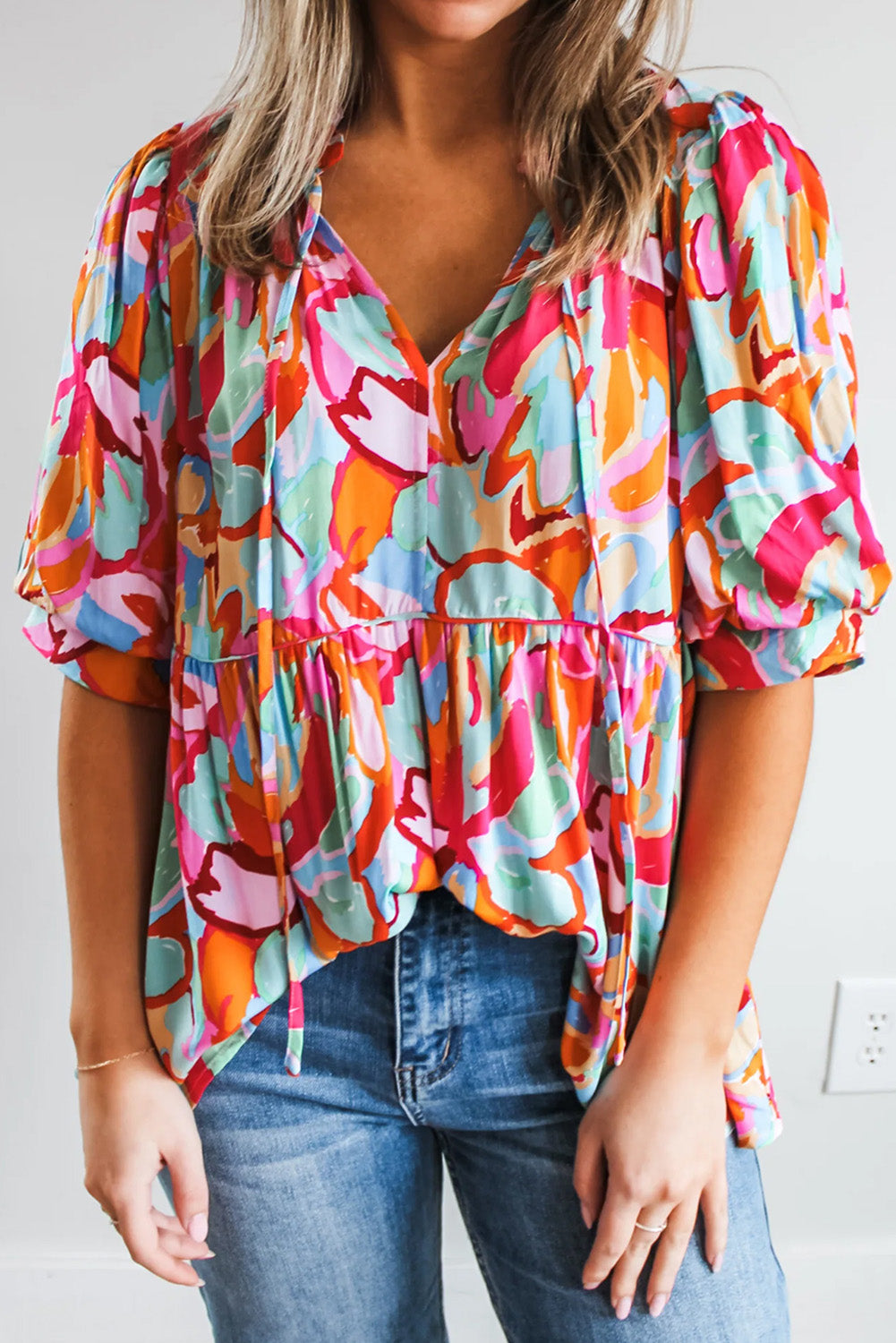 Abstract Print Puff Sleeve Blouse