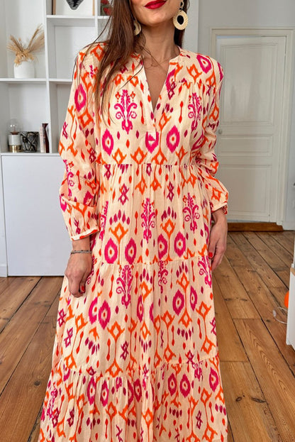 Orange Abstract Geometric Printed V Neck Maxi Dress