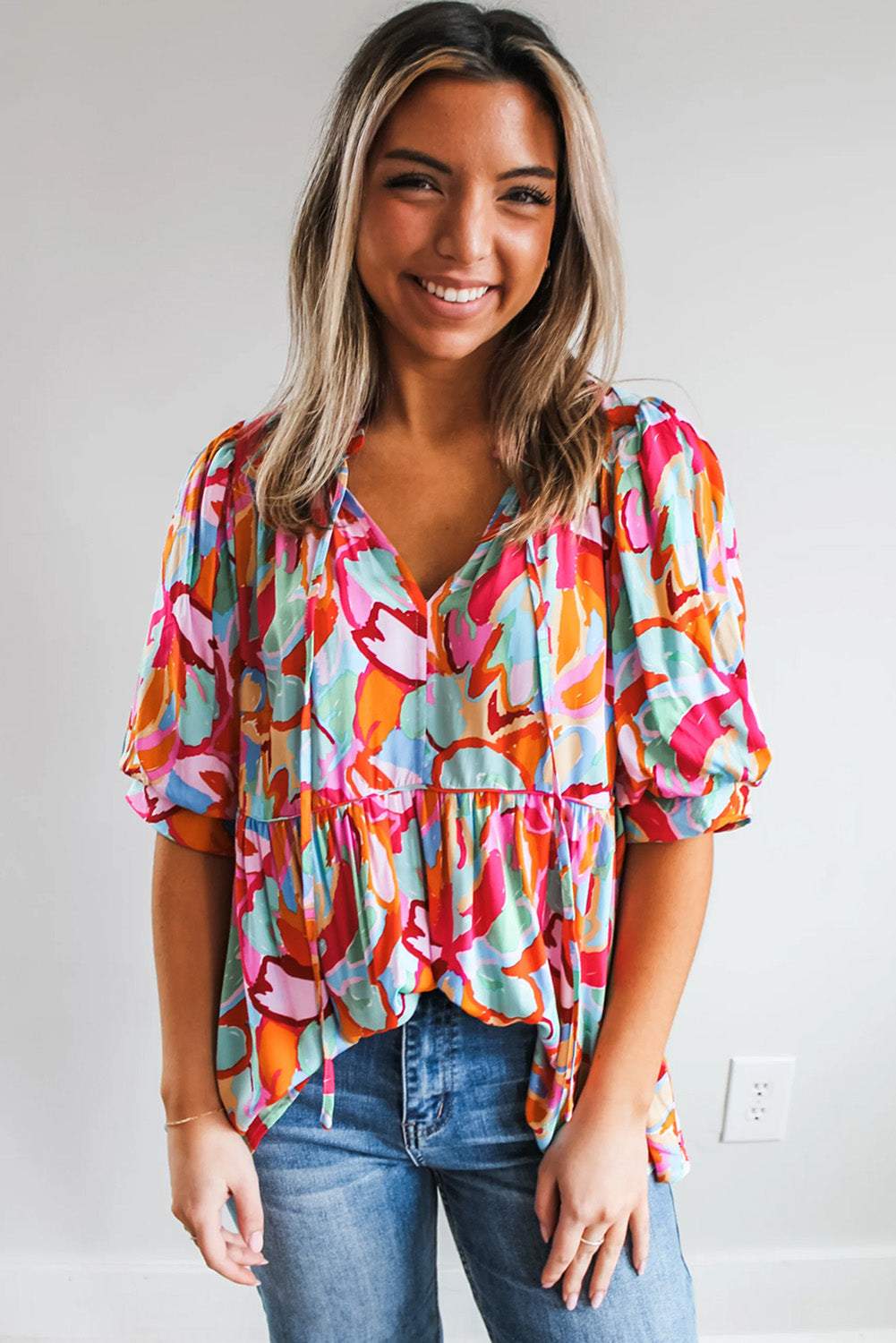 Abstract Print Puff Sleeve Blouse