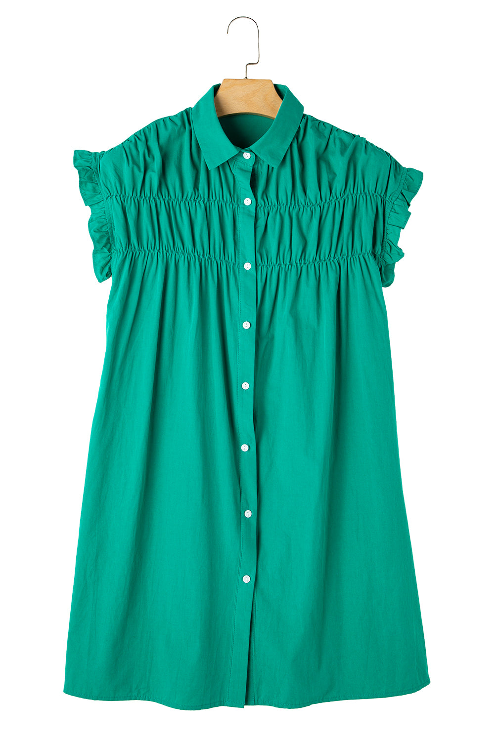 Bright Green Shirred Ruffle Sleeve Button Up Shirt Dress