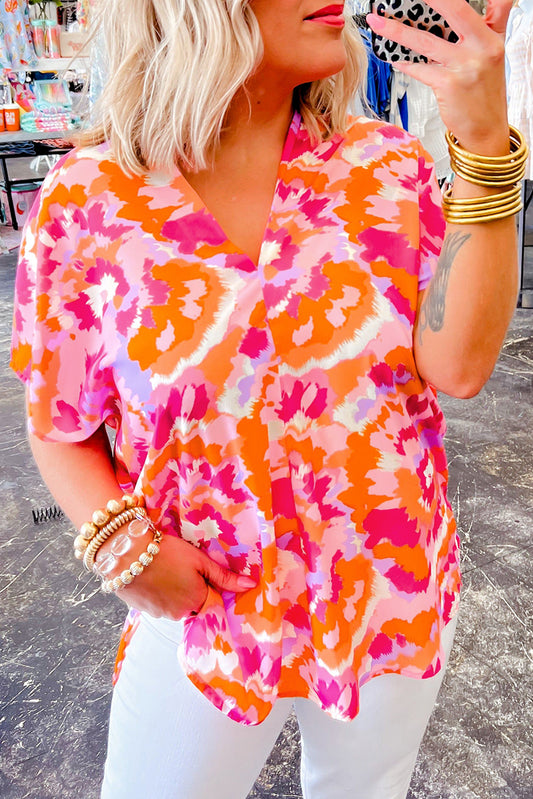 Boho Abstract Print V Neck Loose Top