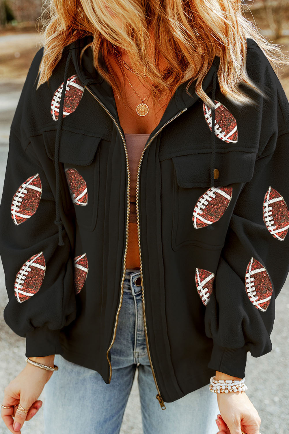 Sequined Football Hooded Jacket