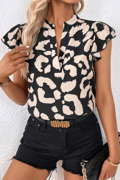 Ruffled Flutter Sleeve Split Neck Blouse