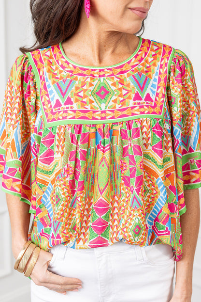 Orange Geometric Print Bell Sleeve O Neck Babydoll Blouse